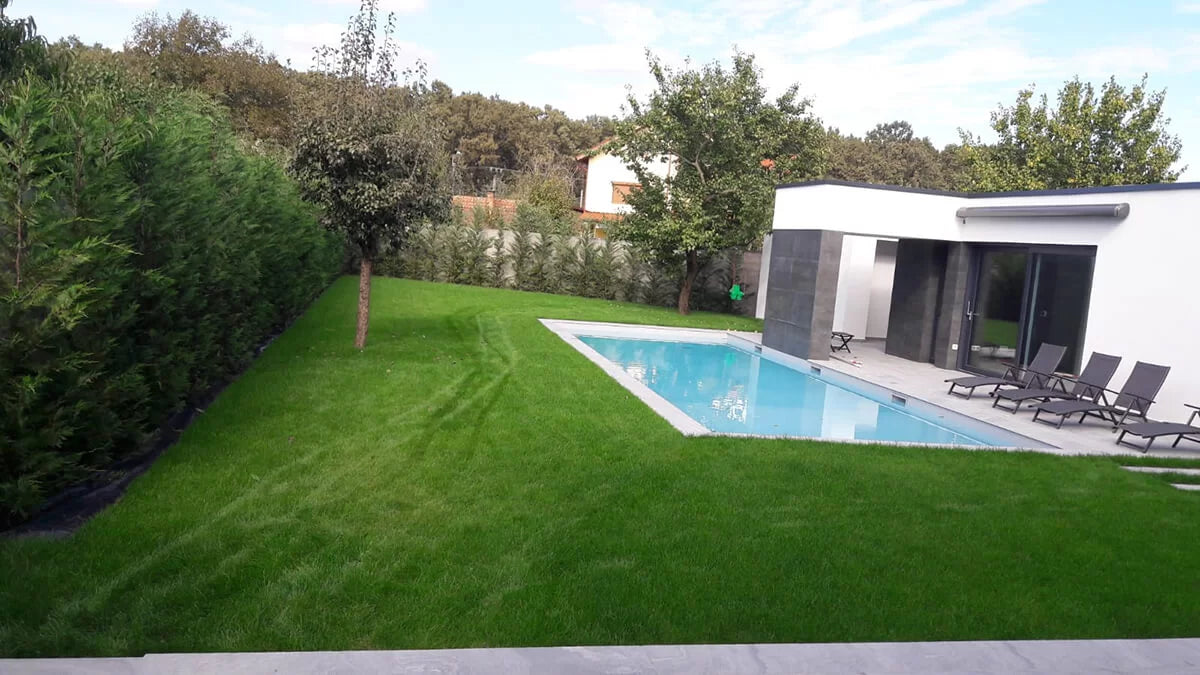 Piscină cu intrare tip plajă și cascadă