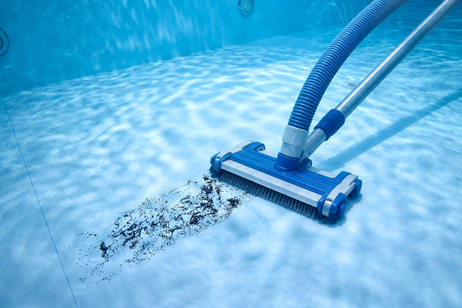 Perie de aspirator cu furtun de aspirare, curățând depunerile de pe fundul piscinei